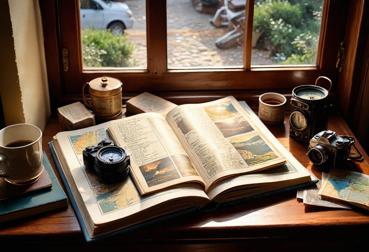 An open exploration book with pages filled with colorful sketches and vibrant photographs capturing travel moments. Surround the book with travel-related items like a compass, camera, and hand-drawn maps, set in a cozy reading nook by a window with soft sunlight streaming in. Emphasize a sense of adventure and nostalgia. watercolor style. warm colors. natural light.