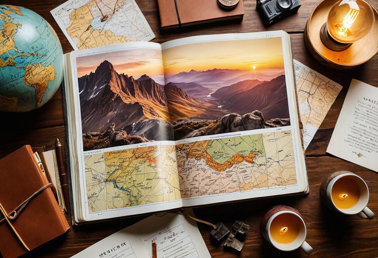 A beautifully crafted travel journal spread open with hand-drawn maps, colorful itinerary notes, and photographs of breathtaking landscapes. Surrounding the journal, a soft glow emanates from a globe and various travel trinkets, symbolizing adventure and exploration. The background features a blurred sunset over a mountain range, evoking a sense of wanderlust. Rich textures and warm hues invite readers to embark on their own adventures. super-realistic. vibrant colors. warm lighting.