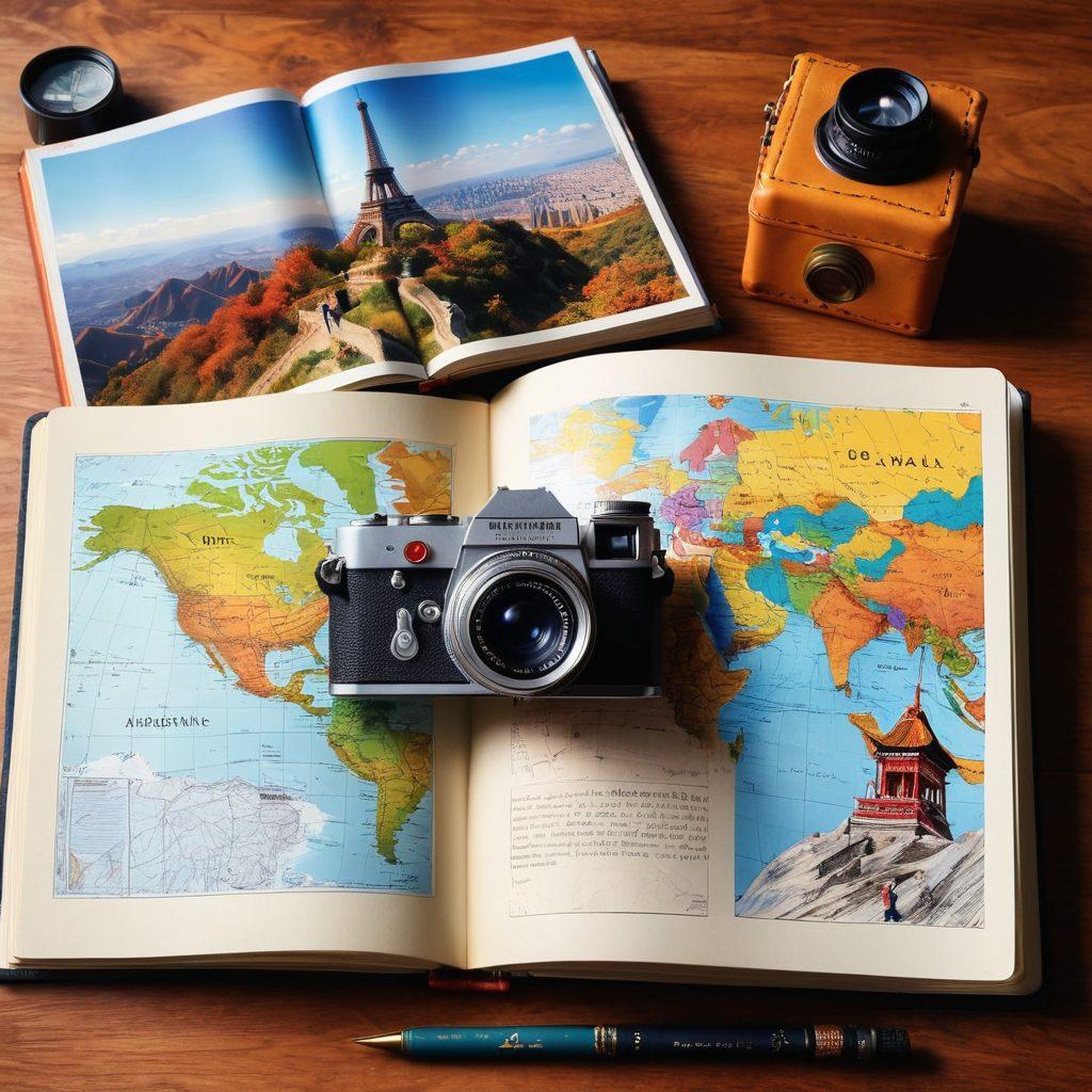 A vibrant travel journal open to a page filled with sketches of famous landmarks around the world, such as the Eiffel Tower and the Great Wall of China. Surrounding the journal are travel essentials like a compass, a vintage camera, and a world map, all highlighted by a warm, inviting light. An adventurous explorer is shown in the background, looking at a breathtaking scenic view. 3D. vibrant colors. picturesque landscape.